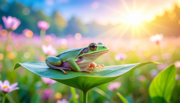 A vibrant green tree frog rests on a large leaf in a sun-drenched meadow filled with soft-focus flowers.