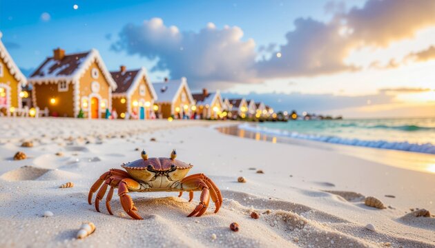 A whimsical crab on a sandy beach in front of a festive gingerbread house village at sunset. - Powered by Adobe