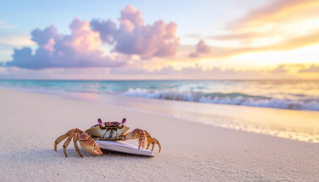 A single crab sits on a pristine white sand beach with a beautiful pastel-colored sunrise over the ocean. - Powered by Adobe