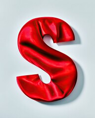 A studio shot of a red fabric letter 'S' on a white background. The fabric has a shiny texture and is lit with studio lighting.
