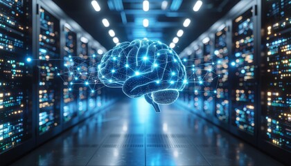 A glowing digital brain representing artificial intelligence and neural networks floating in a modern data center server room.