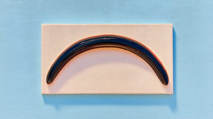 An abstract composition featuring a curved black shape on a rectangular beige block against a light blue textured background.