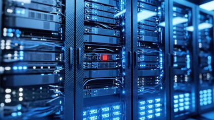 Server racks display glowing blue LEDs, with a central component emitting red light. Cables connect all