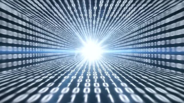 A digital tunnel of binary code converges toward a bright light in the distance