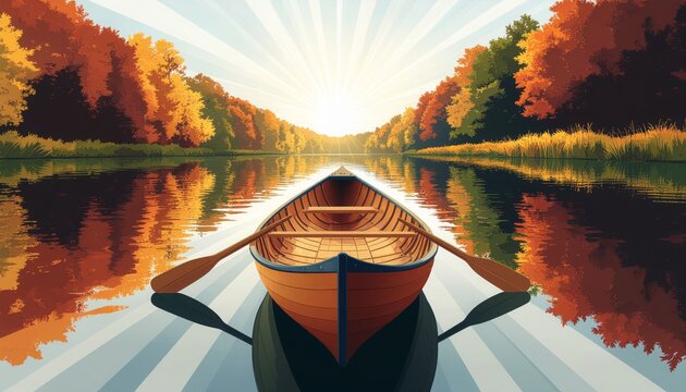 A wooden canoe with oars rests on a calm river, pointing towards a radiant sun, surrounded by colorful autumn forest trees. - Powered by Adobe