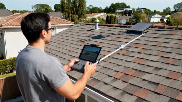 Medium shot of drone operator controlling device to record smooth video footage of residential roof for precise structural analysis and condition monitoring.