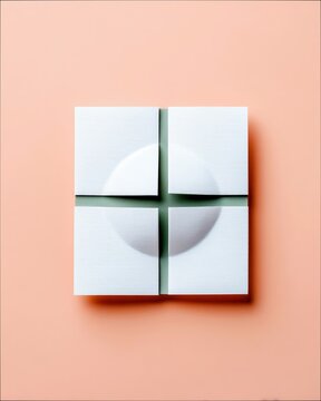 An abstract composition featuring a circle and four squares arranged on a peach-colored backdrop. The shapes have a textured, paper-like appearance.