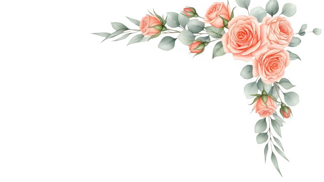 Elegant Peach Rose Corner Wreath Frame, Watercolor Botanical Illustration with Transparent Background - Powered by Adobe