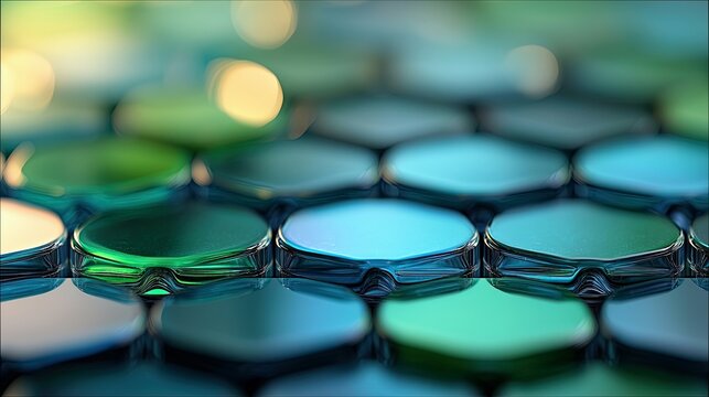 Close-up of a colorful abstract pattern featuring hexagonal shapes with a gradient of blue and green hues, and a soft bokeh effect in the background. - Powered by Adobe
