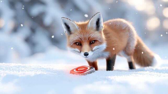 A curious red fox encounters a mysterious glowing device in a tranquil winter wonderland with