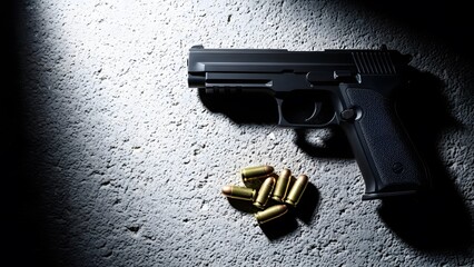 Black semi automatic pistol gun with pile of golden ammunition bullets on dark concrete background