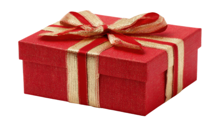 Red gift box with gold ribbon and bow, symbolizing holidays, celebration, surprise, receiving presents, and special occasions