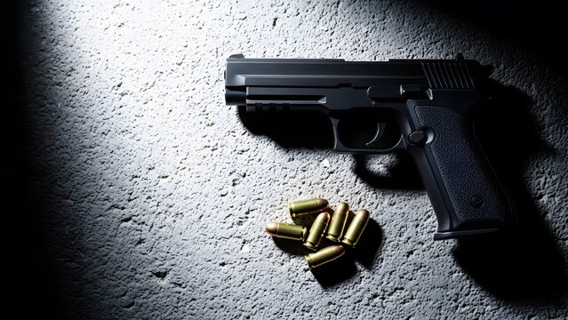 Black semi automatic pistol gun with pile of golden ammunition bullets on dark concrete background
