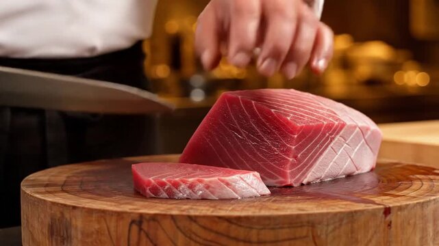 Close-up of chef hands slicing raw, red fish with a cleaver on a wooden cutting board