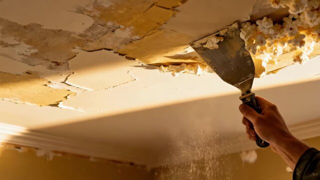 Medium shot focusing on the ceiling close up as the popcorn texture is gradually scraped off highlighting dust particles and restoration in progress.