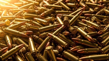 Background texture of shiny golden rifle ammunition bullets pile for military and war concept