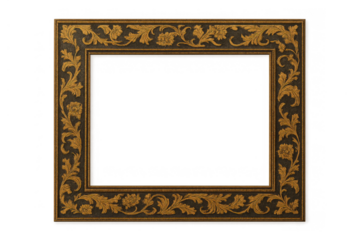 Ornate golden vintage picture frame with elegant floral scrollwork design and empty transparent background