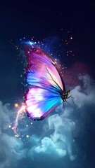 A vibrant butterfly with colorful wings emerges from ethereal clouds.
