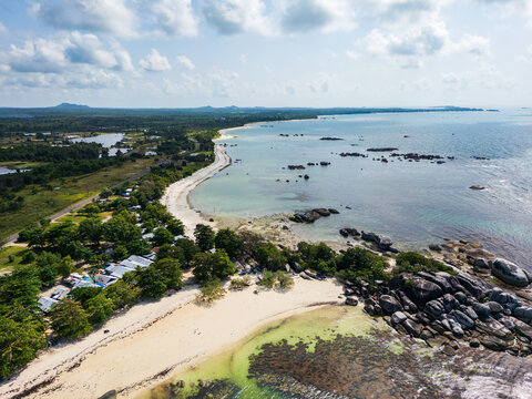 Belitung drone landscape, Tanjung Tinggi beach, a famous beach with big rocks in Belitung, Indonesia. Also known as Laskar Pelangi beach