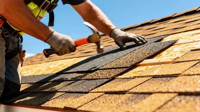 Worker carefully aligns asphalt shingles on residential roof during bright sunny day installation