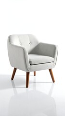 Stylish, light-gray, rounded armchair with wooden legs, studio shot