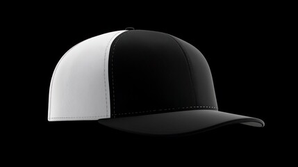 Fototapeta premium a two-tone baseball cap exhibiting modern minimalist design, set against a stark black backdrop offering versatile use for various projects