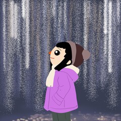 イルミネーションの中:一人でイルミネーションを見上げる人物