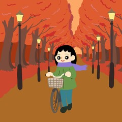 落ち葉が舞う並木道（もみじの絨毯）を背景に自転車に乗る人物