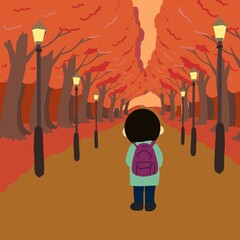 夕焼けに染まるイチョウ並木