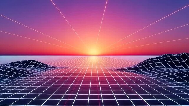 Neon Grid Horizon With Sunrise Over Hills retro landscape