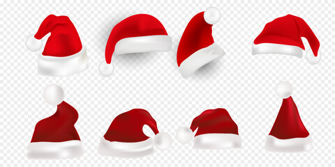 Big set of realistic Santa Hats isolated on transparent background.