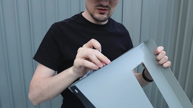 A cheerful worker removes a thin film from a triangular part of a profile shed.
