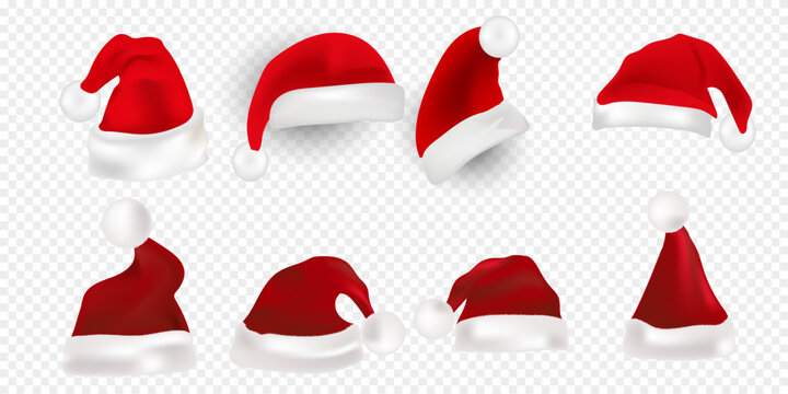Big set of realistic Santa Hats isolated on transparent background.