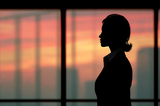 Silhouette of Woman Gazing at Sunset Through Window - Powered by Adobe