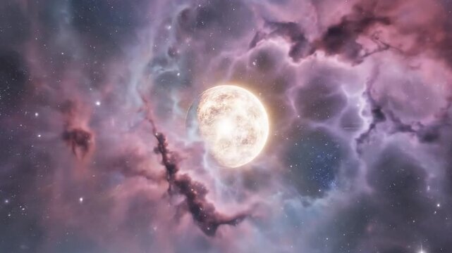 Radiant celestial orb amid cosmic dust clouds