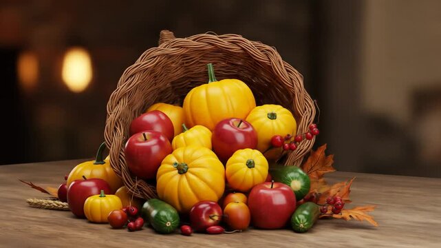A woven cornucopia overflows with yellow squash red apples and green zucchini on wood