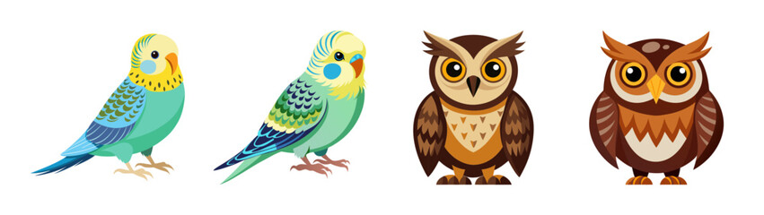 Naklejka premium Colorful cartoon bird illustrations: parakeets and owls vector art for graphic design projects