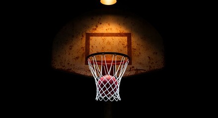 A basketball rests in the hoop's net, set against a darkly shadowed, weathered backboard panel.