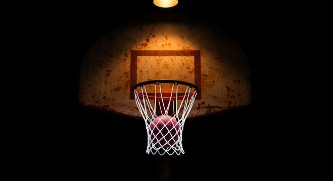 A basketball rests in the hoop's net, set against a darkly shadowed, weathered backboard panel.