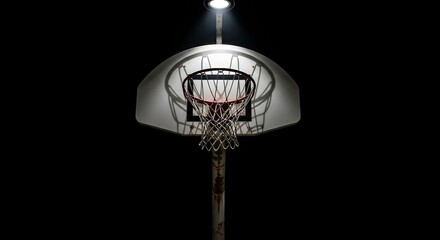 A lone basketball hoop stands illuminated against a stark black night, creating a somber mood.