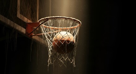 Dramatic lighting highlights an old basketball lodged in the net of a weathered hoop outdoors.
