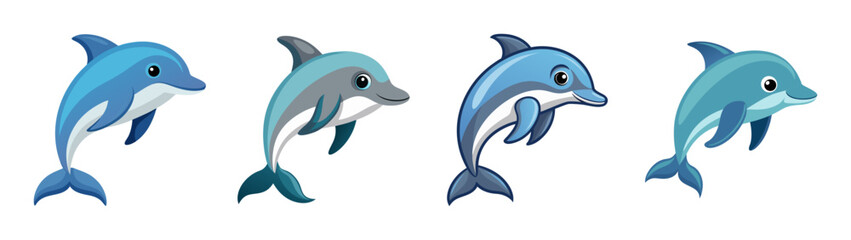 Fototapeta premium Dolphin illustration set, cute dolphin cartoon, ocean animal vector, marine life drawing set of four