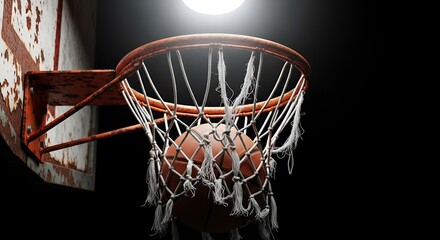 Dramatic, close-up showcases a basketball nestled within a weathered, rusted hoop and tattered net.