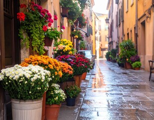 Naklejka premium Cozy street with flower shop