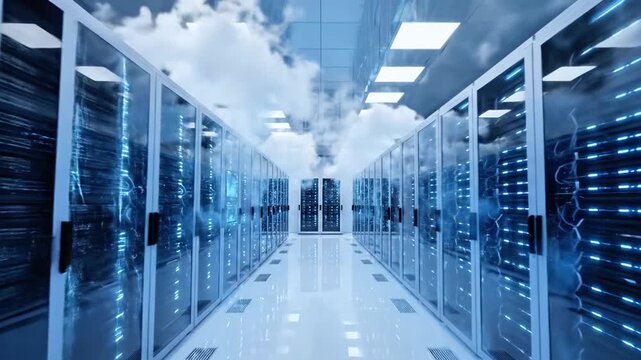 A perspective view of a server room with glowing blue lights and clouds creating an ethereal atmosphere