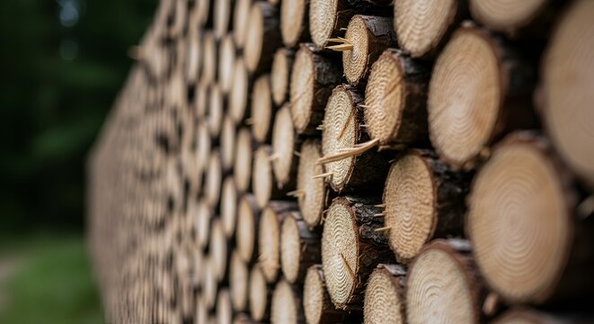 A stacked pile of freshly cut tree logs creates an abstract, organic wall with natural textures.