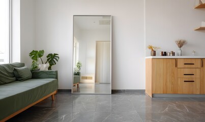 minimal modern room interior, low-angle floor-level perspective facing a large full-body mirror leaning slightly backward against the wal