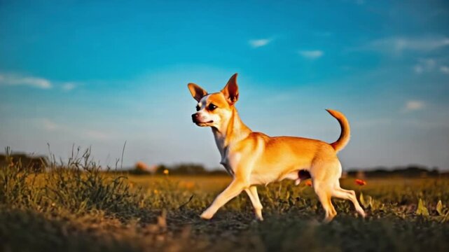 Small chihuahua dog standing in a field with a blue sky and flowers during the daytime outdoors dog video