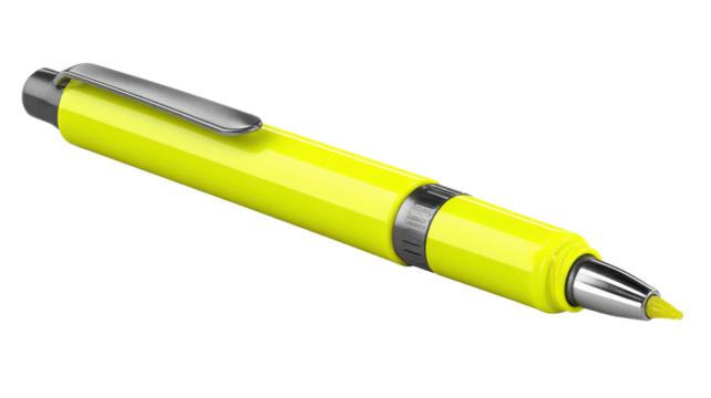 Yellow highlighter pen with chrome details, office and school supply for marking text, transparent background