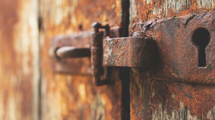 keyhole. Antique lock on weathered wooden door showing rust texture details in close-up. real-estate listings, architecture portfolios, designed for interior renovation comparisons for interiors.